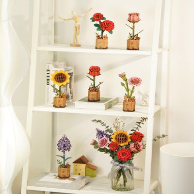 3D Wooden Puzzle Red Rose DIY Model Building Kits Artifical Flower Toys, Red, 3.3"2.5"8.2"