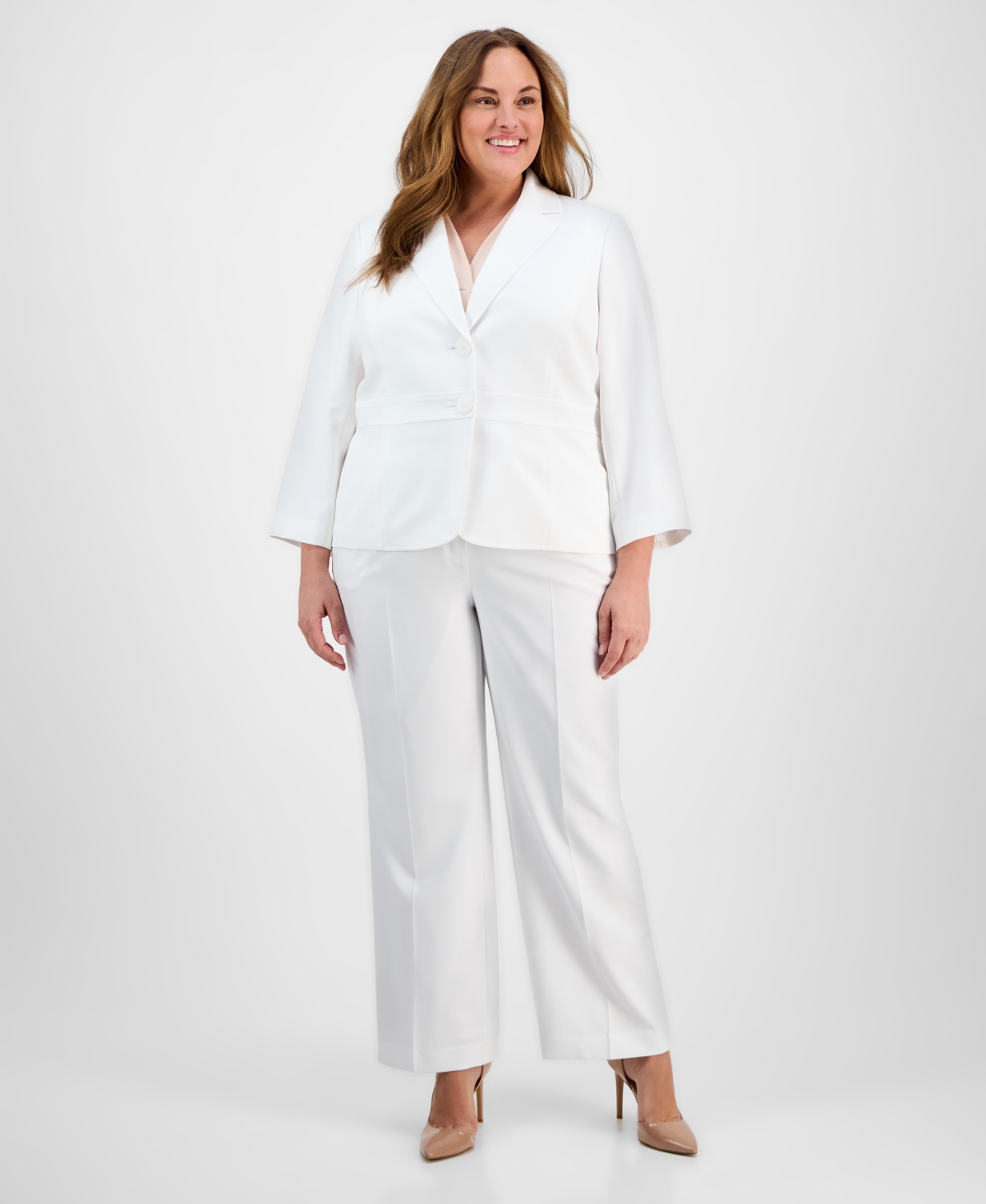 Le Suit Plus Size Two-button Jacket & Pant Suit In Natural White