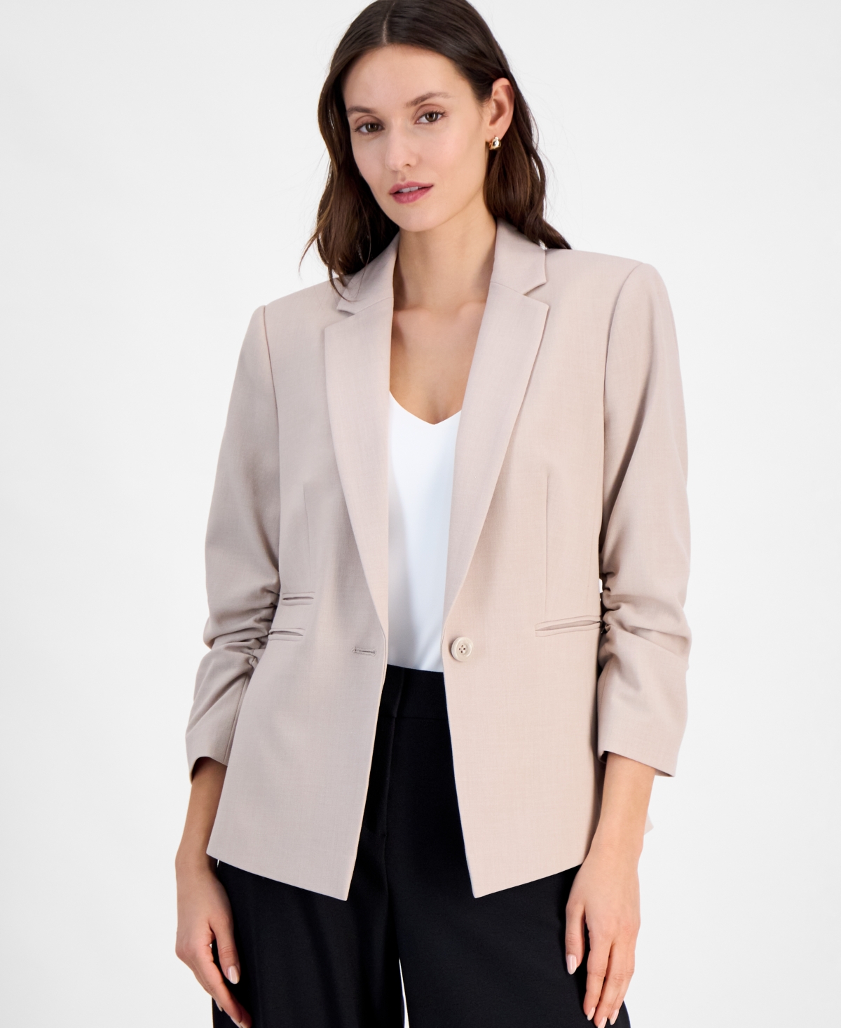 Women's Ruched-Sleeve One-Button Blazer - Sand