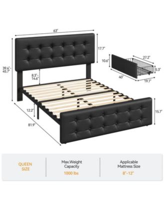 Queen Size Bed Frame with 4 Storage Drawers and Headboard, Faux Leather Upholstered Platform Bed Frame with Wooden Slats Support, Button Tufted Design, No Box Spring Needed