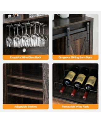 70" Tall Farmhouse Coffee Bar Cabinet, Sliding Barn Doors Wine Bar Cabinet with Storage Shelves, Hutch Cabinet with 6 Bottle Wine Rack and 12 Stemware Slots for Kitchen