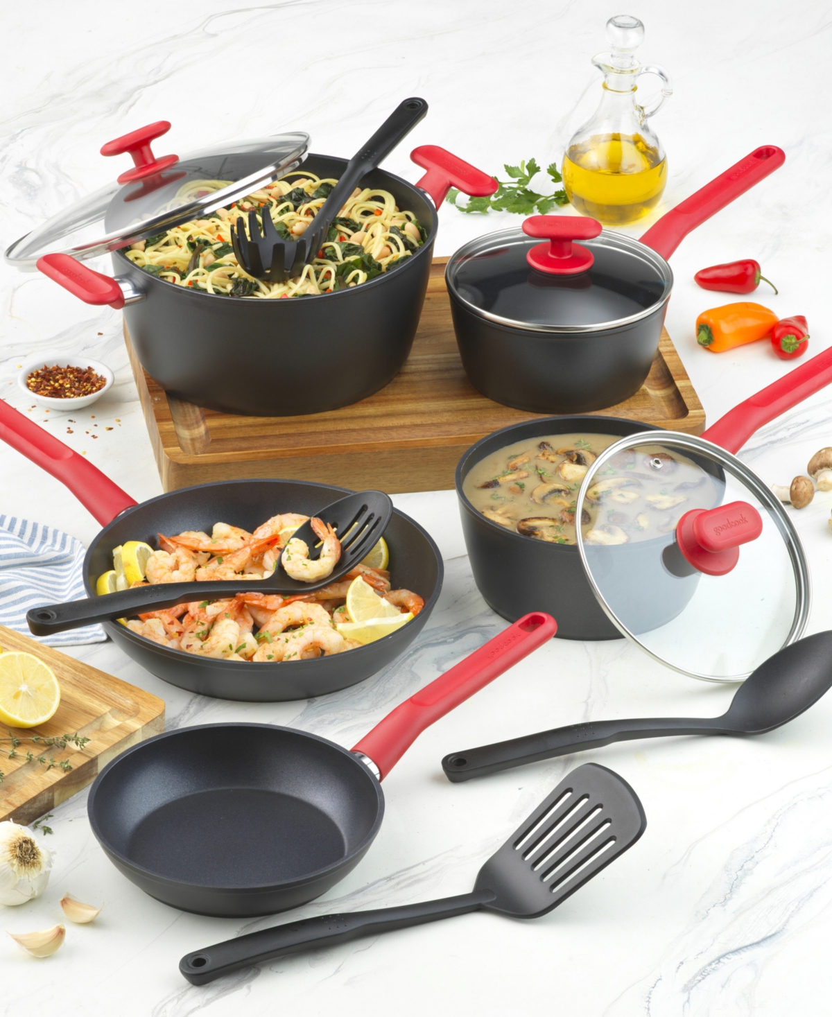 Goodcook Proease Aluminum Nonstick 12-piece Cookware Set In Black