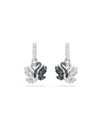 Swan Black, Rhodium Plated Drop Earrings