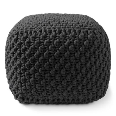Square Pouf Ottoman, Light Gray - 18.5" W x 18.5" D x 14.5" H Cotton Knit Foot Stool - Boho Floor Pouffe for Living Room