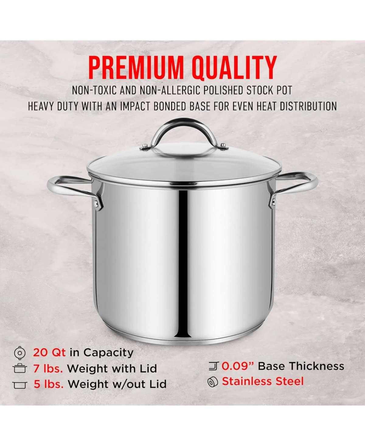 Bakken-Swiss Deluxe 20-Quart Stainless Steel Stockpot w/Tempered Glass See-Through Lid - Simmering Delicious Soups Stews & Induction Cooking