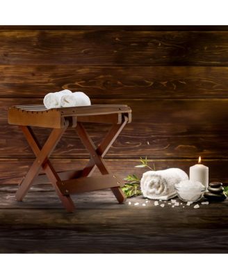 Bamboo Folding Step Stool Bench - Great for Bathroom, Spa, Sauna, Wooden Seat