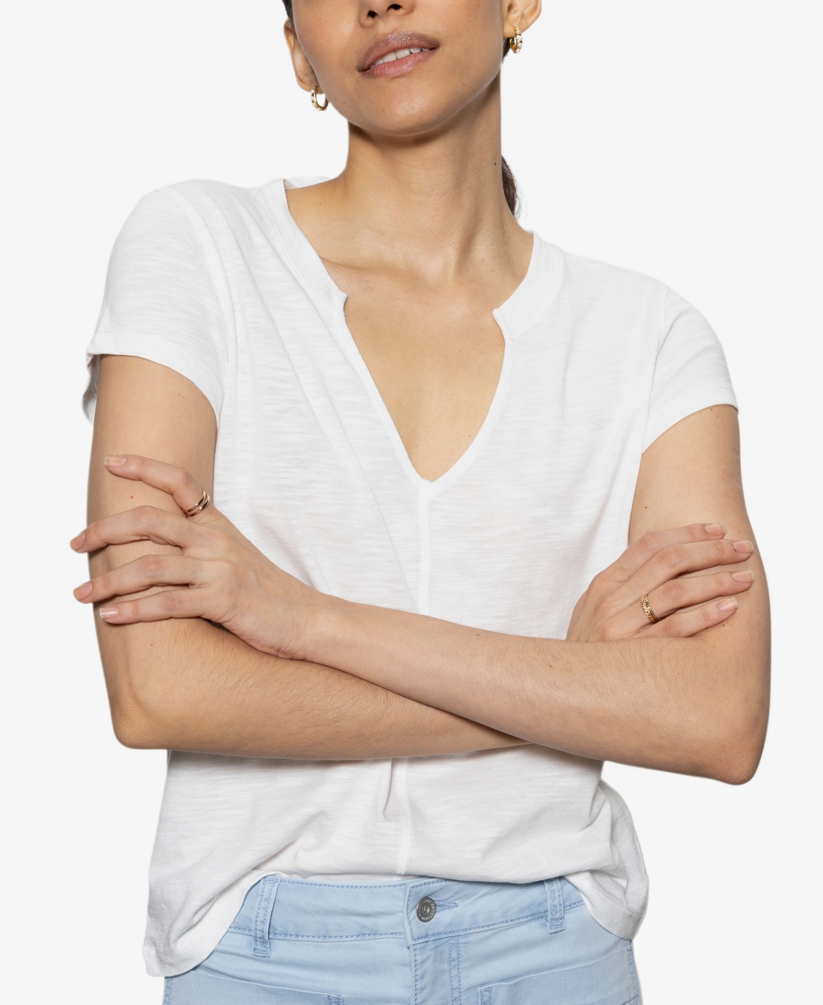 Shop Sanctuary Women's The New Girl Split-neck Short-sleeve T-shirt In White