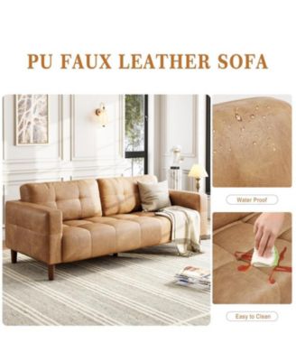 3-Seater Sofa Couch, 83" Wide Faux Leather Sofa Couch with Spring Cushion, Modern Sofa with Deep Seats and 2 Removable Back Cushions, for Living Room, Bedroom, Apartment, Office