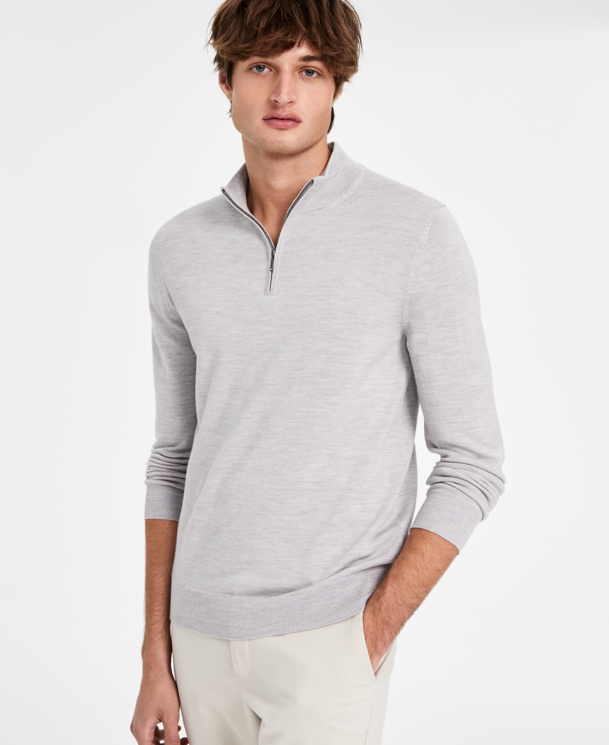 Men's Merino Wool Quarter-Zip Sweater - Silver Grey