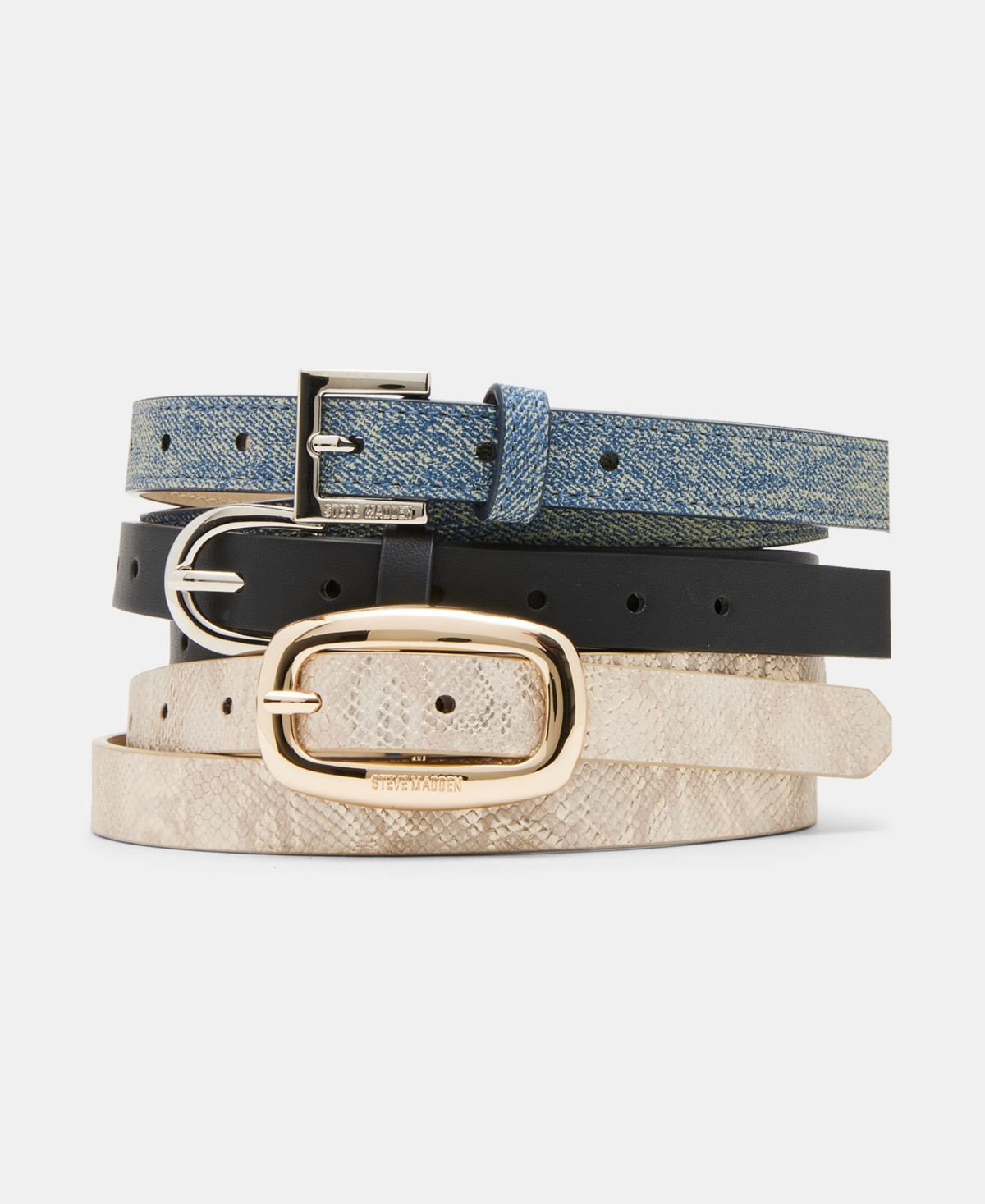 Women's 3-Pc. Faux-Leather Belt Set - Denim, black and gold
