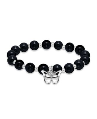 Silver-Plated Beaded Butterfly Charm Stretch Bracelet