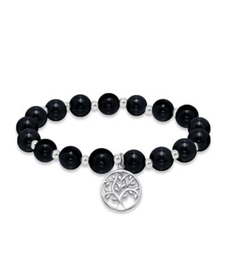 Silver-Plated Beaded Tree of Life Charm Stretch Bracelet