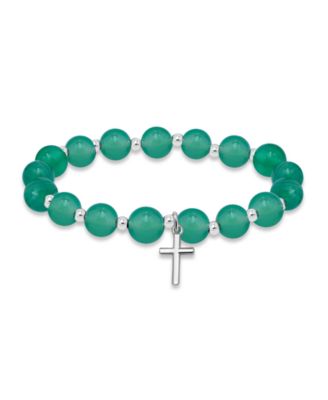 Silver-Plated Beaded Cross Charm Stretch Bracelet