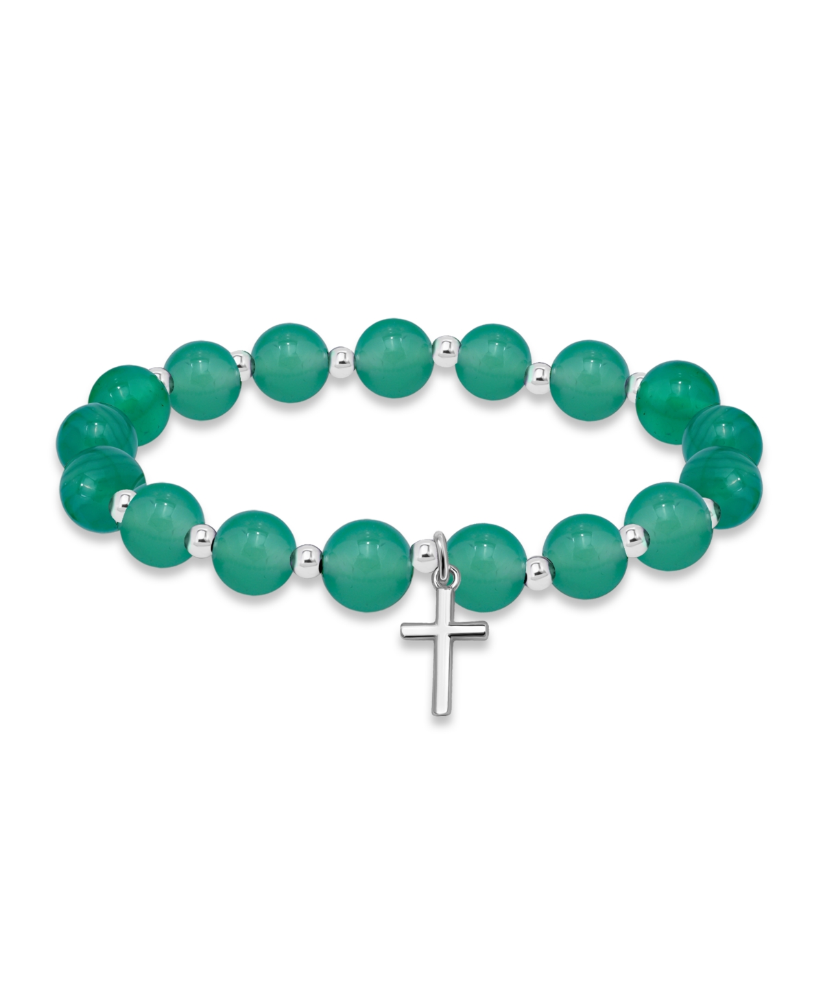Macy's Silver Plated Beaded Cross Charm Stretch Bracelet In Green Agate,silver