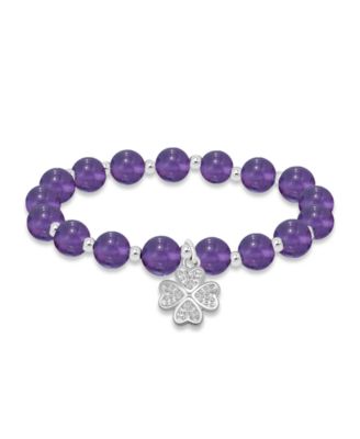 Silver-Plated Beaded Clover Charm Stretch Bracelet