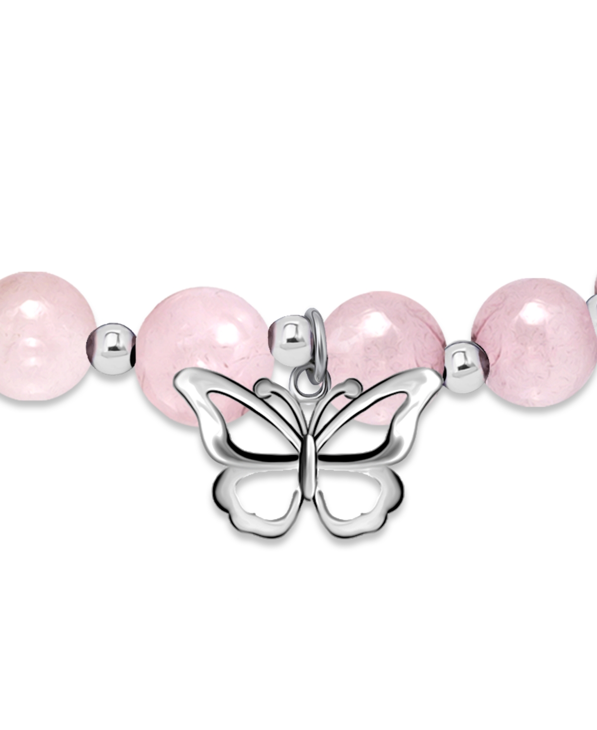 Macy's Silver Plated Beaded Butterfly Charm Stretch Bracelet In Rose Quartz,silver