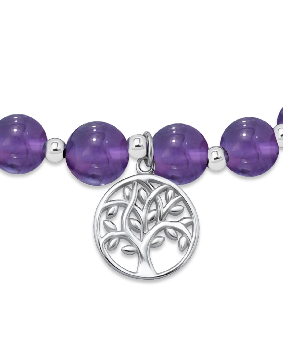 Macy's Silver Plated Beaded Tree Of Life Charm Stretch Bracelet In Amethyst,silver