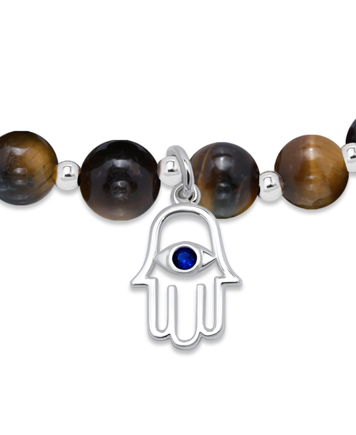 Shop Macy's Silver-plated Beaded Hamsa Hand Charm Stretch Bracelet In Tigers Eye,silver