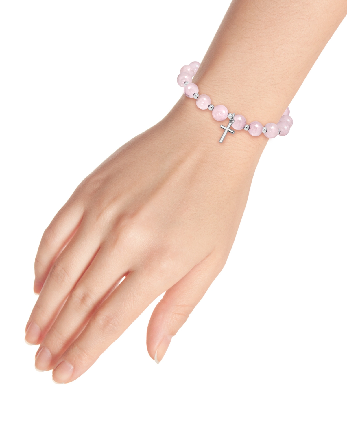 Shop Macy's Silver-plated Beaded Cross Charm Stretch Bracelet In Rose Quartz,silver