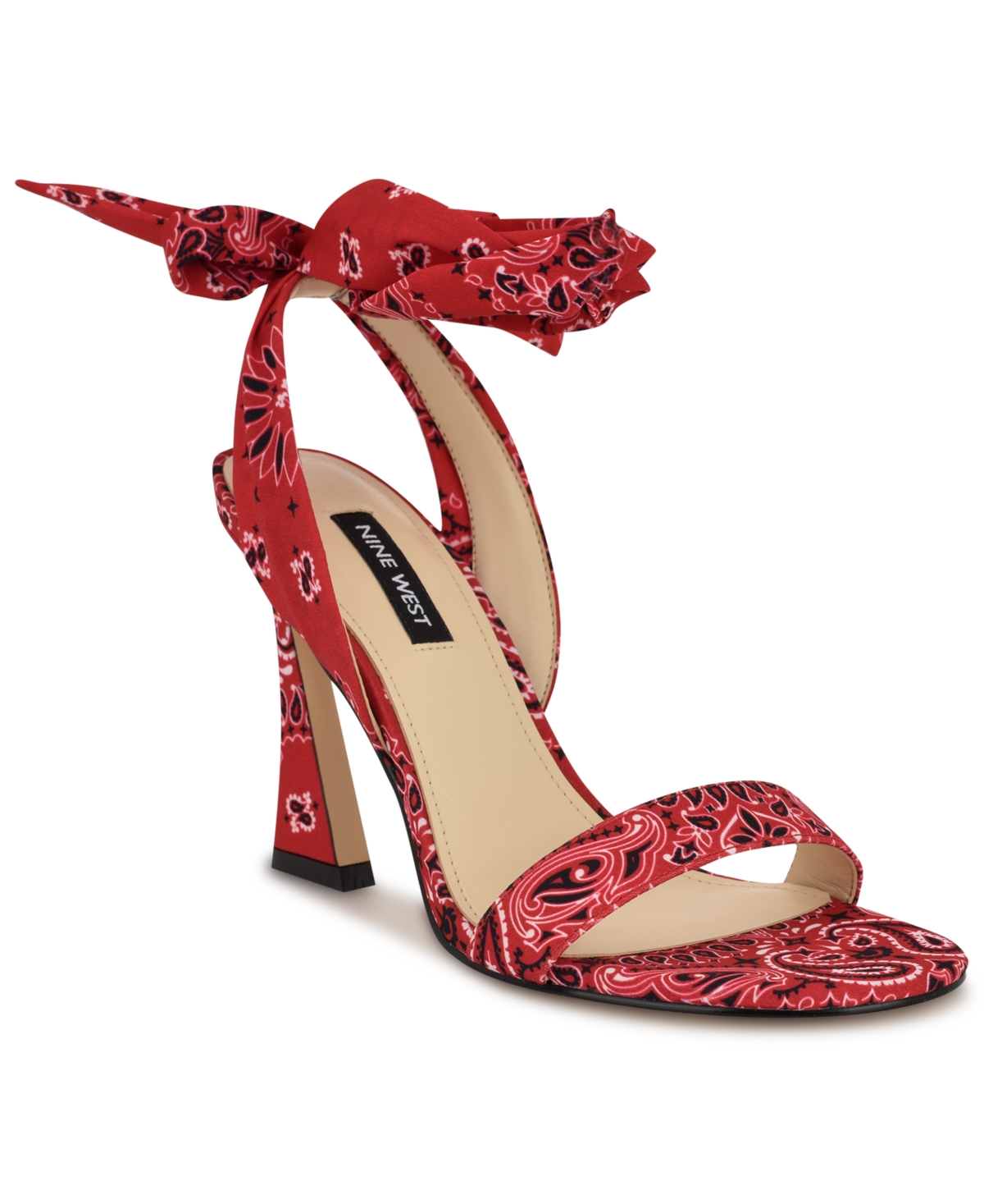 Shop Nine West Women's Kelsie Ankle Wrap Sculpted Heel Sandals In Red Sport Bandana Print