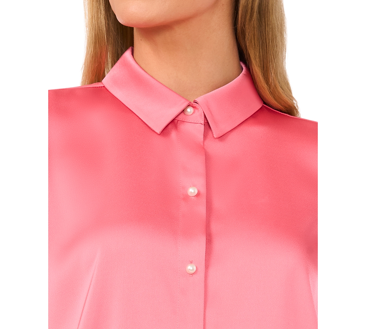 Cece Women's Luxe Satin Imitation Pearl Button Down Blouse In Confetti Pink