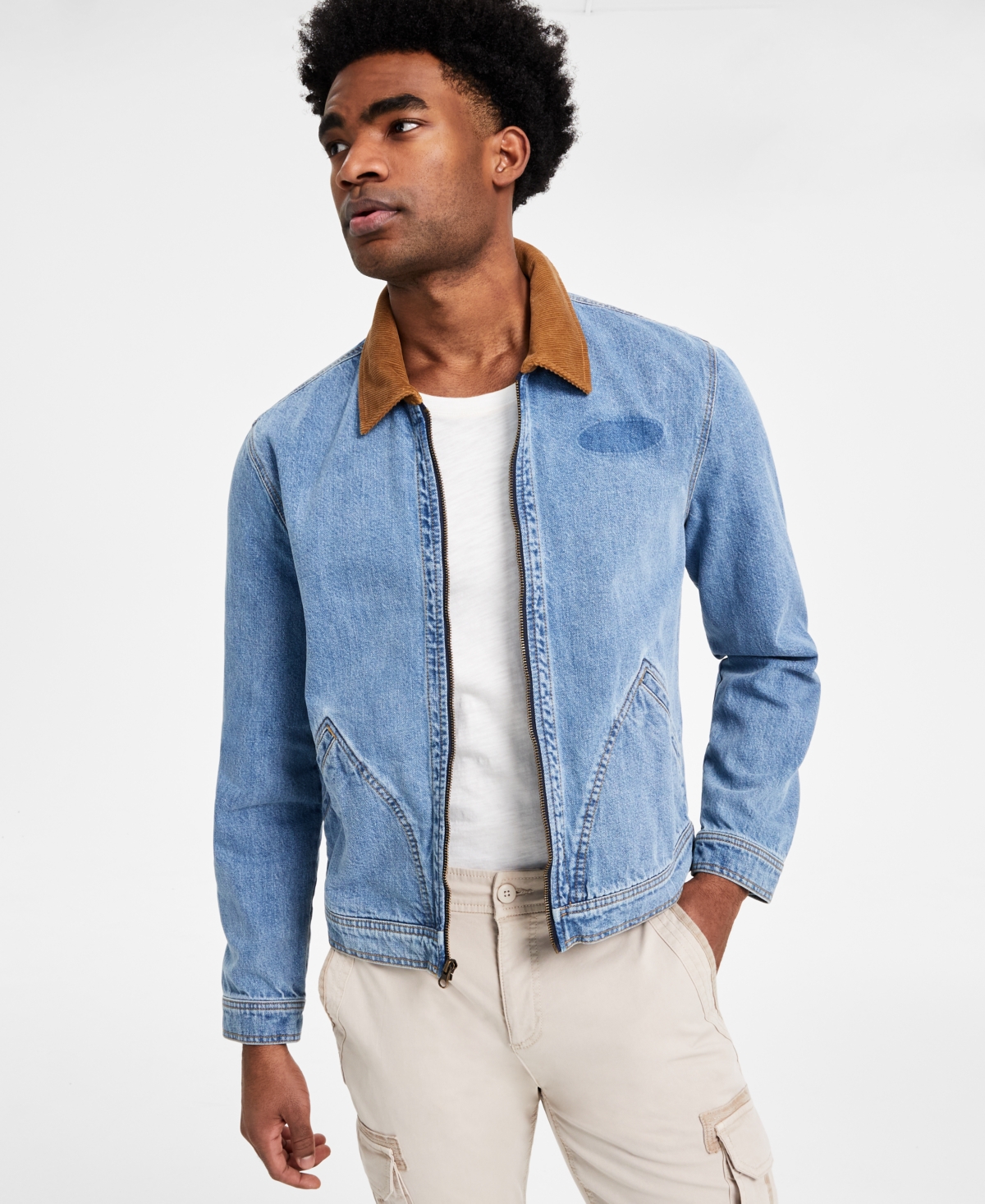 Men's Goldrush Regular-Fit Full-Zip Trucker Jacket with Corduroy Collar, Exclusively at Macy's - Medium Wash
