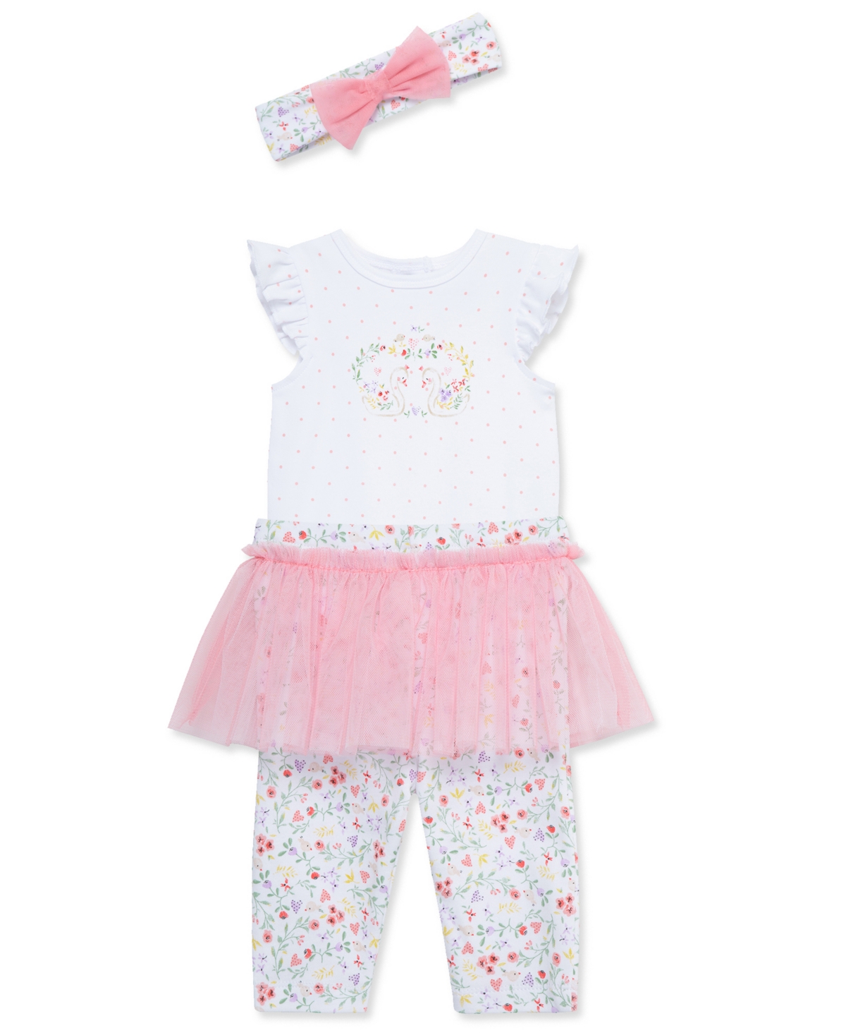 Shop Little Me Baby Girls Swans Bodysuit, Skirted Leggings & Headband, 3 Piece Set In Bright Pink