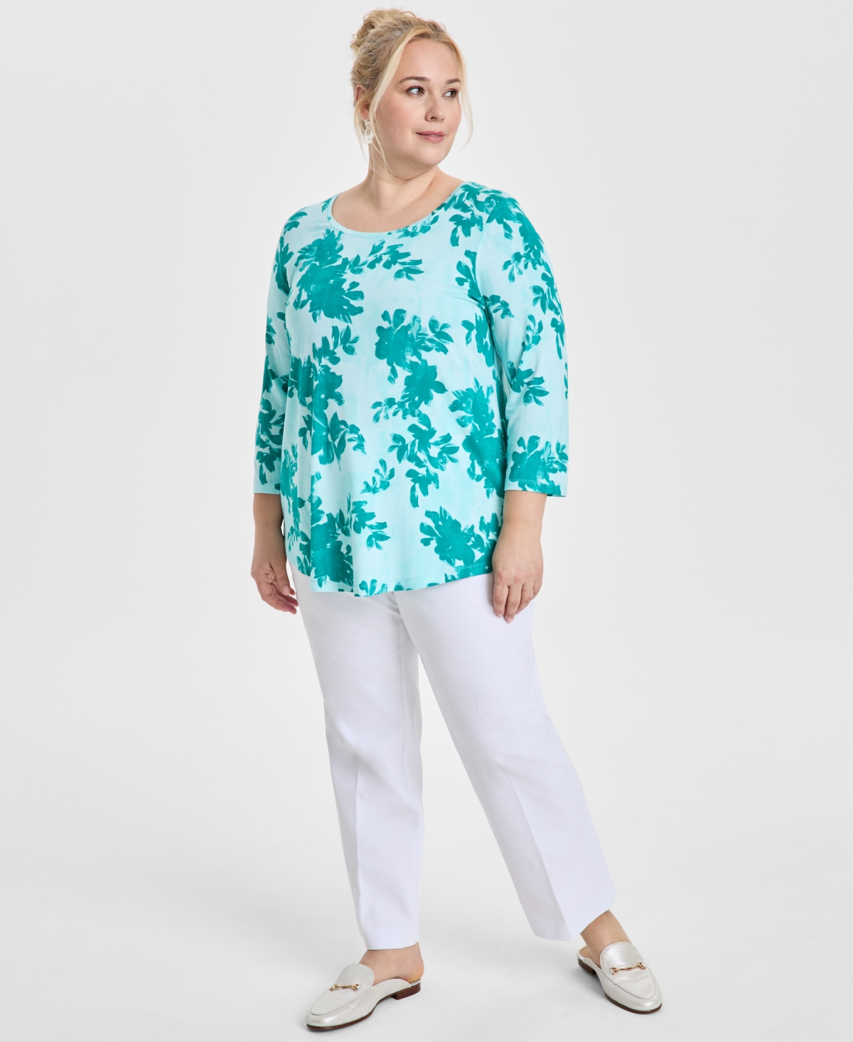 JM COLLECTION PLUS SIZE SCOOP-NECK 3/4-SLEEVE TOP, EXCLUSIVELY AT MACY'S 