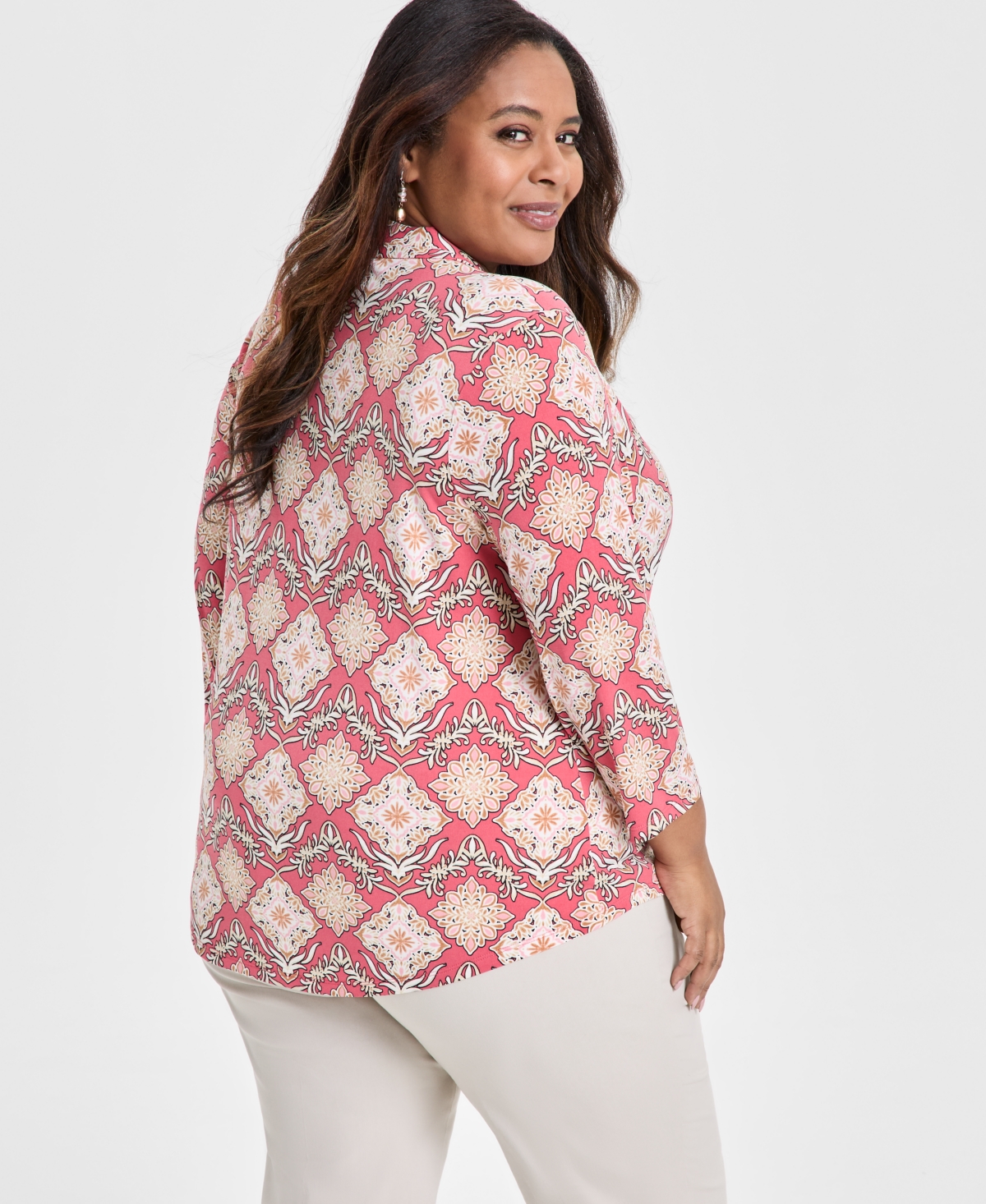 JM COLLECTION PLUS SIZE PRINTED 3/4-SLEEVE TOP, EXCLUSIVELY AT MACY'S 