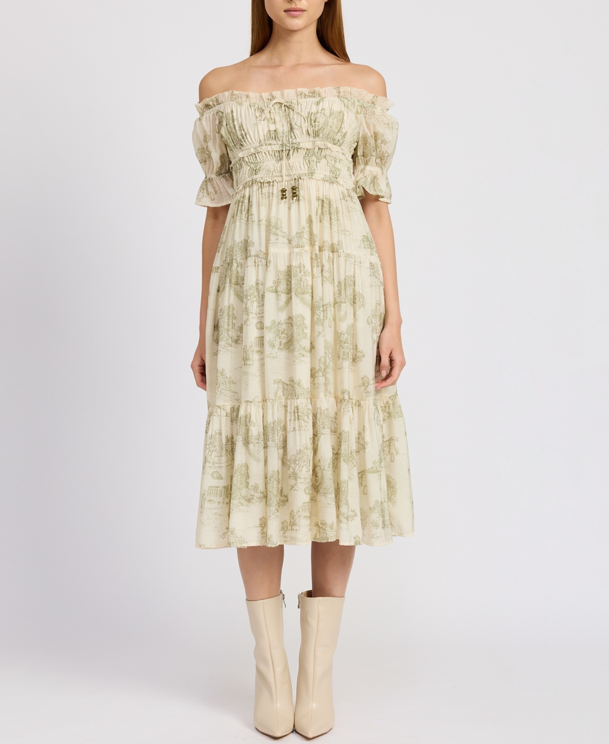 En Saison Leighton Toile Print Off The Shoulder Midi Dress In Cream Olive