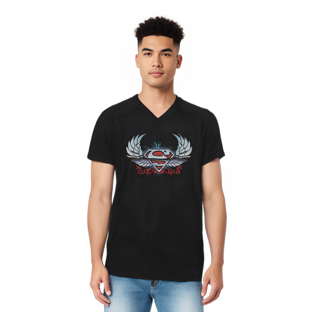 Mens Chrome Wings Shield Short Sleeve Adult V Neck Tee / T-Shirt - Black