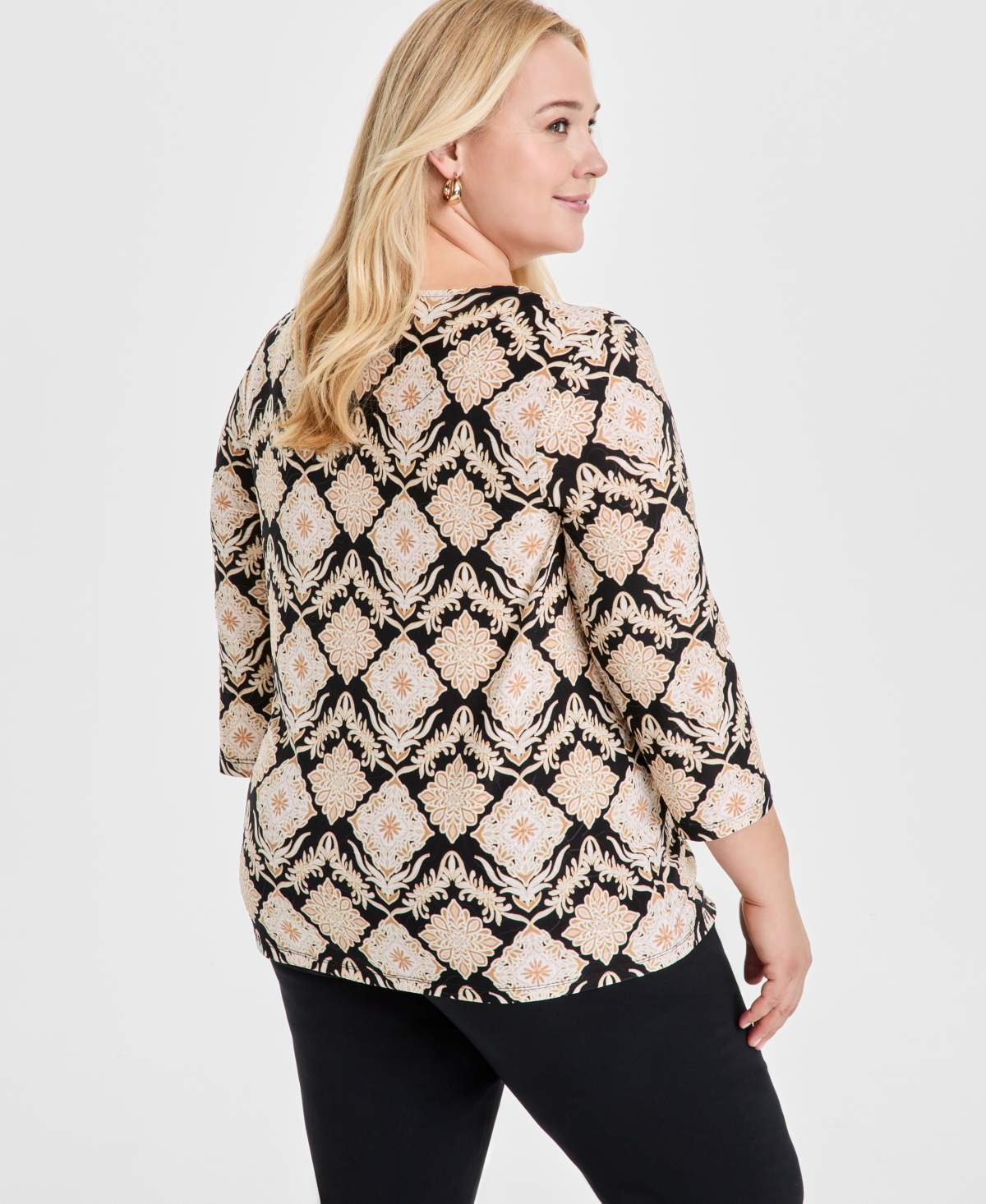 JM COLLECTION PLUS SIZE JACQUARD PRINTED 3/4-SLEEVE TOP, EXCLUSIVELY AT MACY'S 
