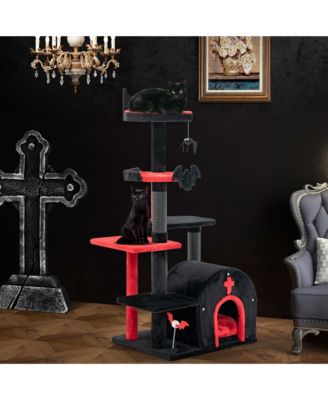 6-Tier Gothic Cat Tree 53'' Tall Cat Tower w/ Cat Bed Arch-Shaped Condo Pompom