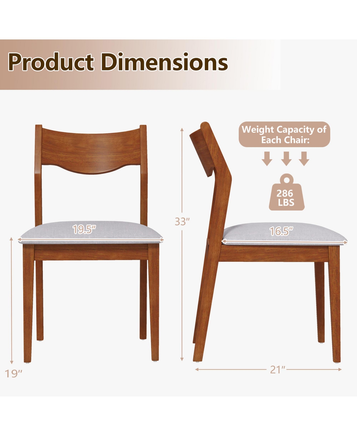 Gymax Wooden Dining Chair Set of 2 w/ Rubber Wood Frame Wide Padded Seat