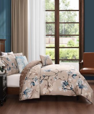 Blue Blossom Bedding 220 Thread Count 100% Cotton Sateen 5 Piece King Size Reversible Comforter Set