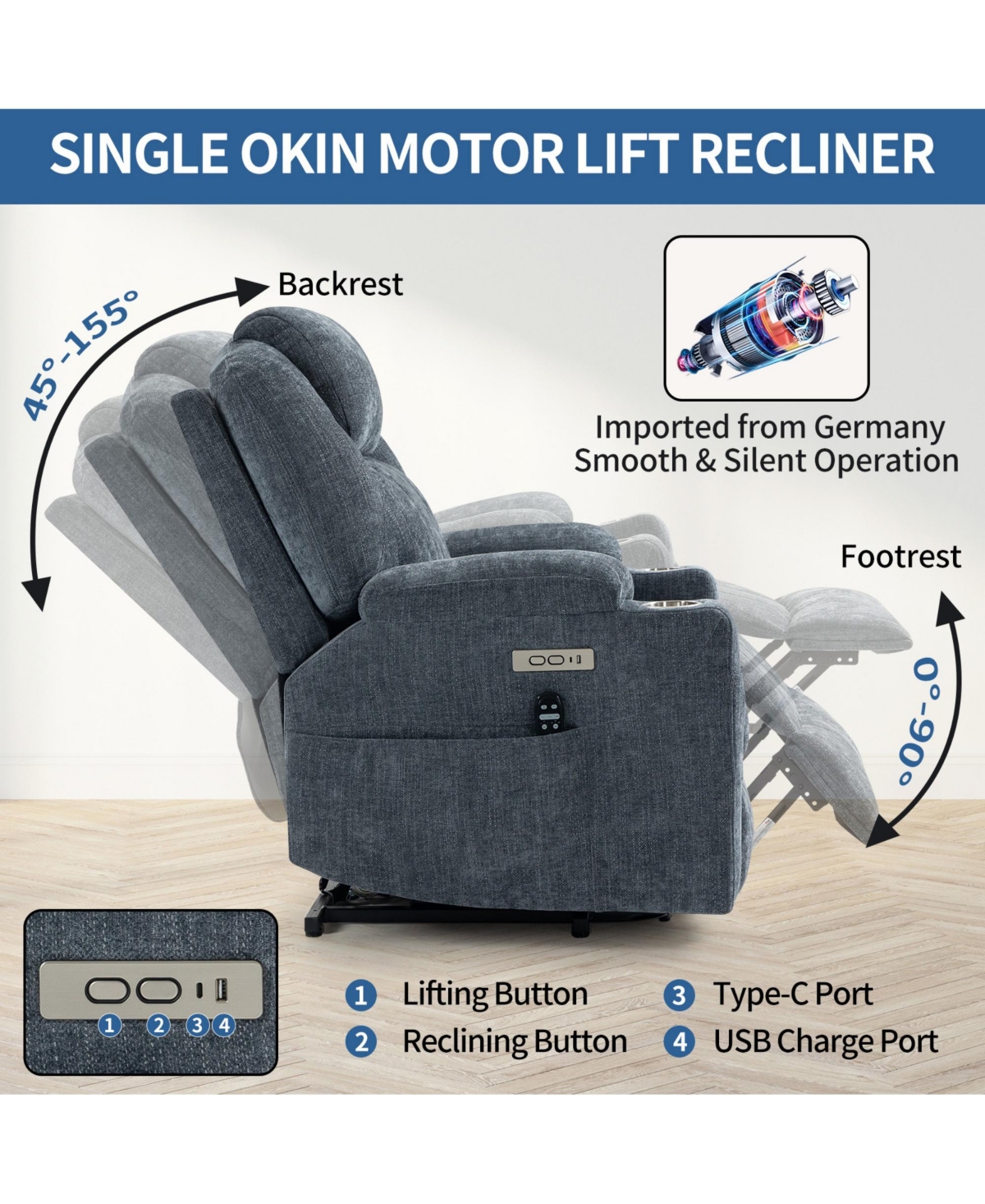 Up to 350 Lbs Power Lift Recliner Chair Heavy Duty Motion Mechanism with 8-Point Vibration Massage and Lumbar Heating, Usb Type-c Ports