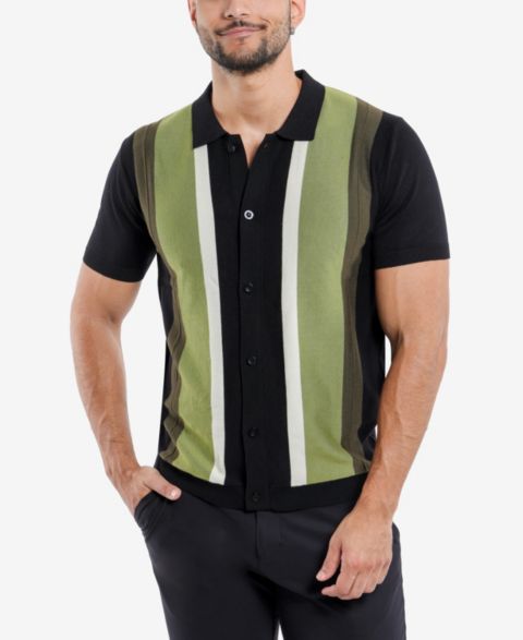 Мужские топы SPRING + MERCER Stripe Short Sleeve Sweater Polo, цвет: Чёрный / Оливковый
