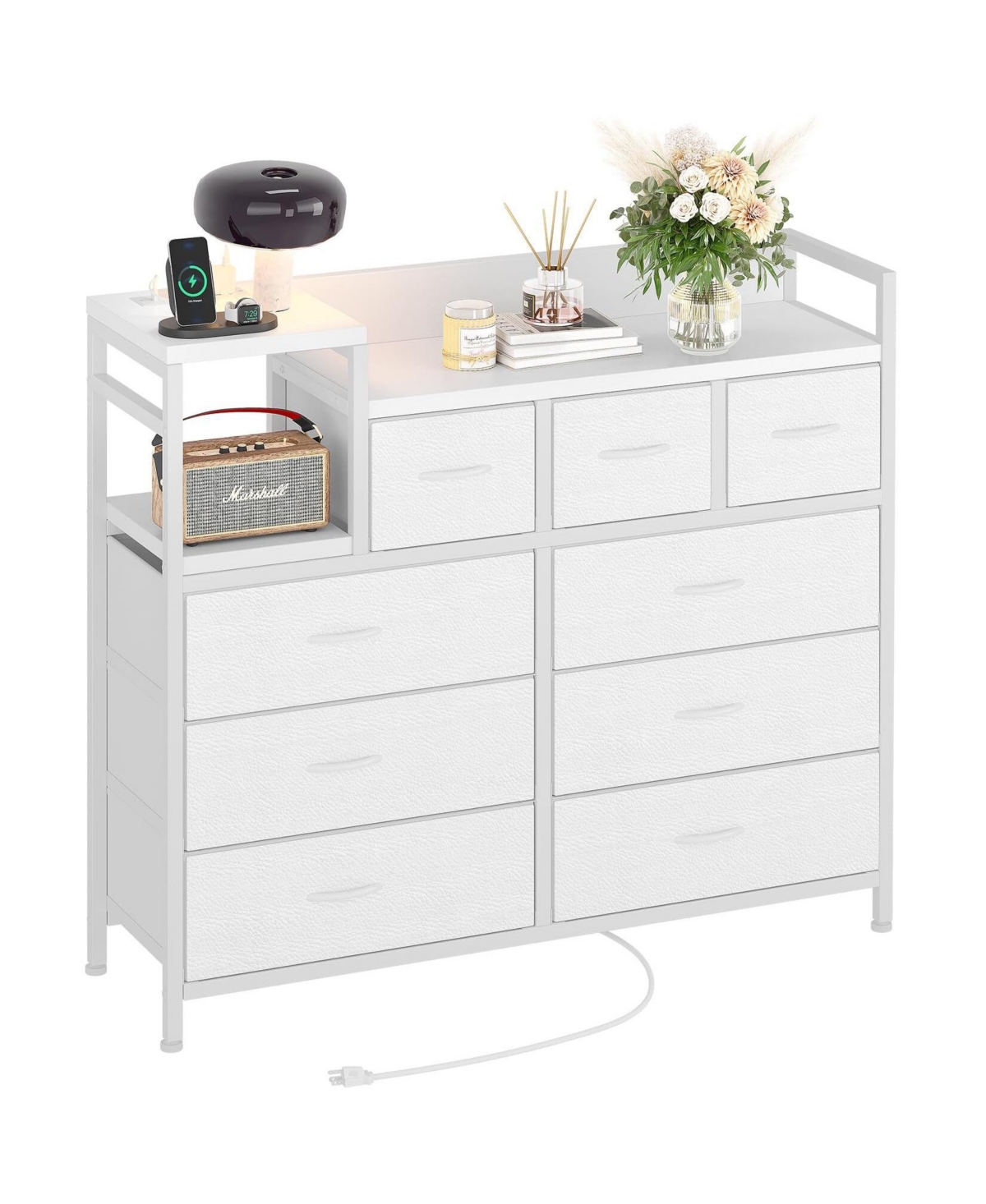 Dresser for Bedroom with 9 Drawer, Tv Stand with Charging Station, Fabric Chest of Drawers for Bedroom Dresser for Modern Design - White
