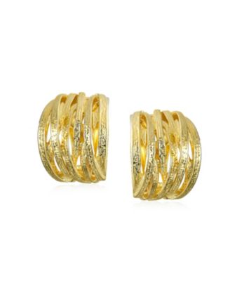 Fashion Open Criss Cross Basket Weave Wide Half Hoop Clip On Earrings For Non Pierced Ears Matte Gold Plated