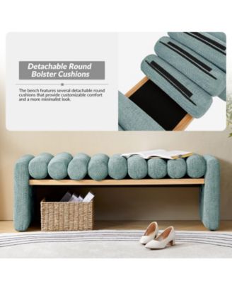Modern Bench with Solid Wood and Removable Round Bolster Cushions