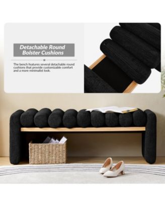 Modern Bench with Solid Wood and Removable Round Bolster Cushions