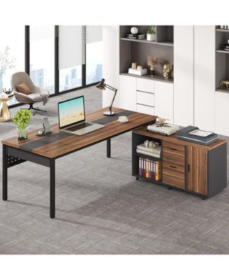 70.8" Large Executive Office Desk and 47" Lateral File Cabinet Combo, L-Shaped Computer Desk 2 Piece Business Furniture with Drawers and Shelves, Home Office Workstation