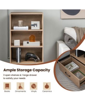 4-Tier Storage Bookcase with Open Shelves Drawer and Anti-toppling Device