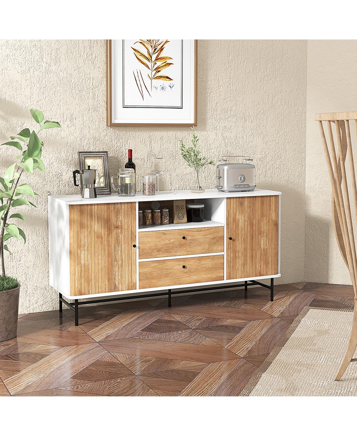 Gouun Mid Century Modern Buffet Sideboard with Sliding Tambour Doors and 2 Storage Drawers