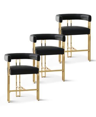 Set of 3 Faux Leather Counter Stools–Curved Armrests, Gold Legs, Modern Design for Kitchen & Bar