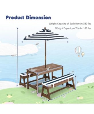 Kids Picnic Table and Bench Set with Cushions and Height Adjustable Umbrella