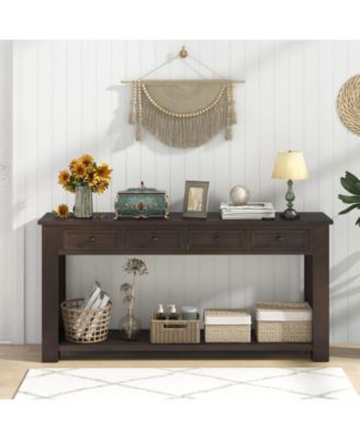 63 Inches Farmhouse Entryway Table with 4 Storage Drawers and Open Shelf