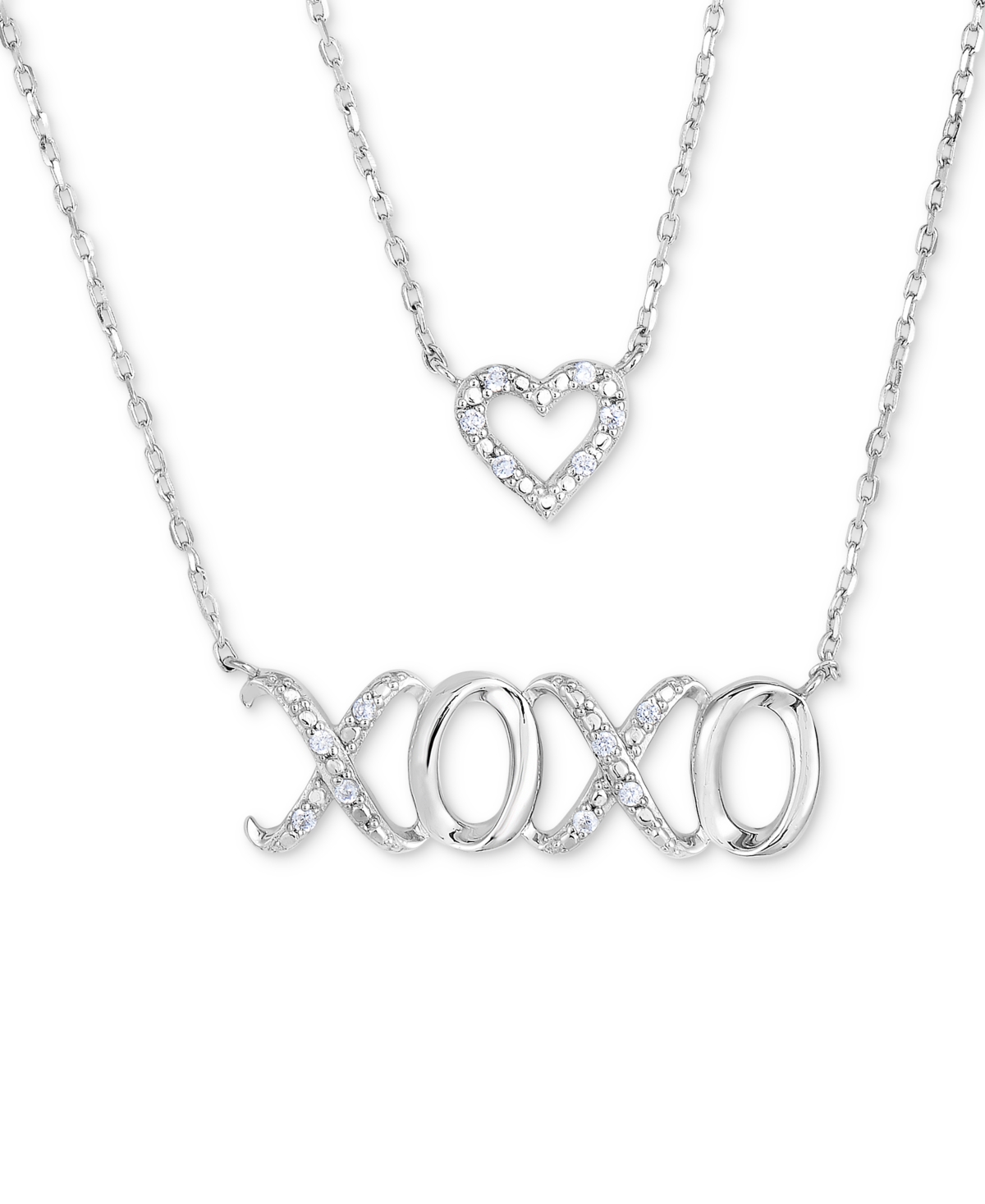 Macy's Diamond Heart And Xoxo 17" Layered Necklace (1/10 Ct. T.w.) In Sterling Silver In Silver