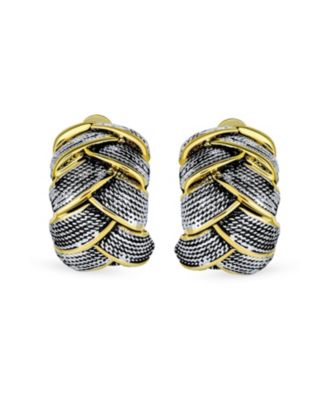 Half Hoop Shrimp Style Two Tone Woven Cable Braided Dome Weave Clip On Earrings Non Pierced Ears Oxidized Silver Gold Plated Brass