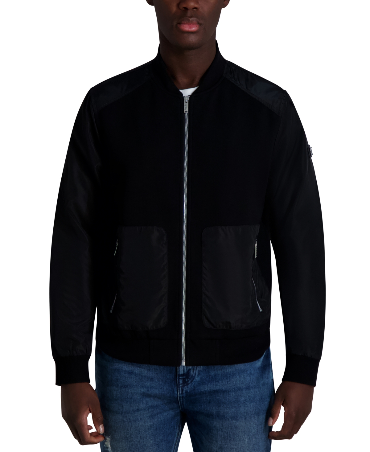 Men's Relaxed Fit Zip-Front Mixed-Media Bomber Jacket - Black